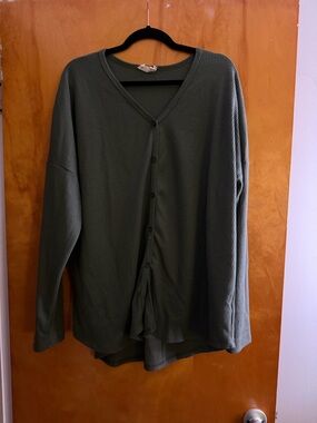 Olive Green Waffle Knit Button-Front Top